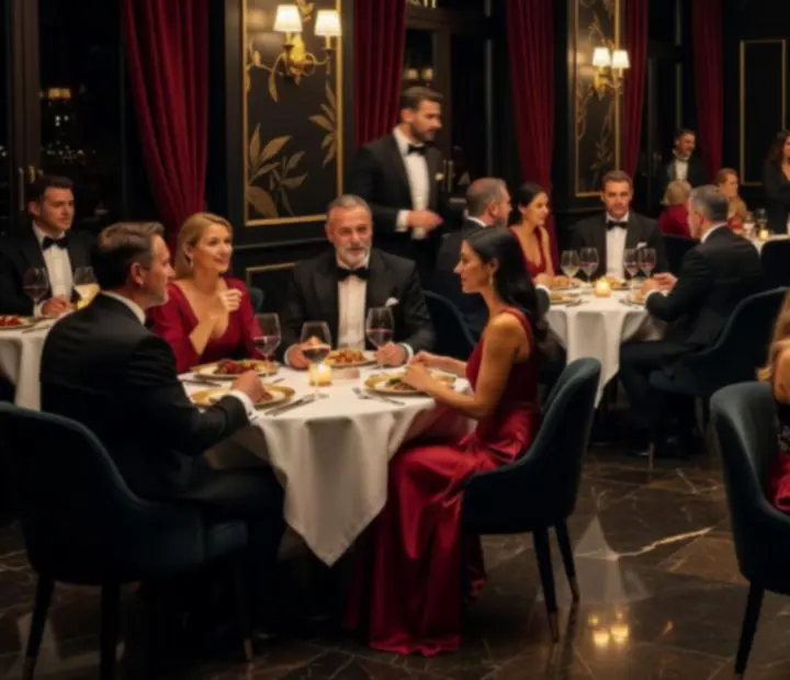 Cinematic nightlife scena s luksuznim interijerom i gostima u Croatia Dice restoranu