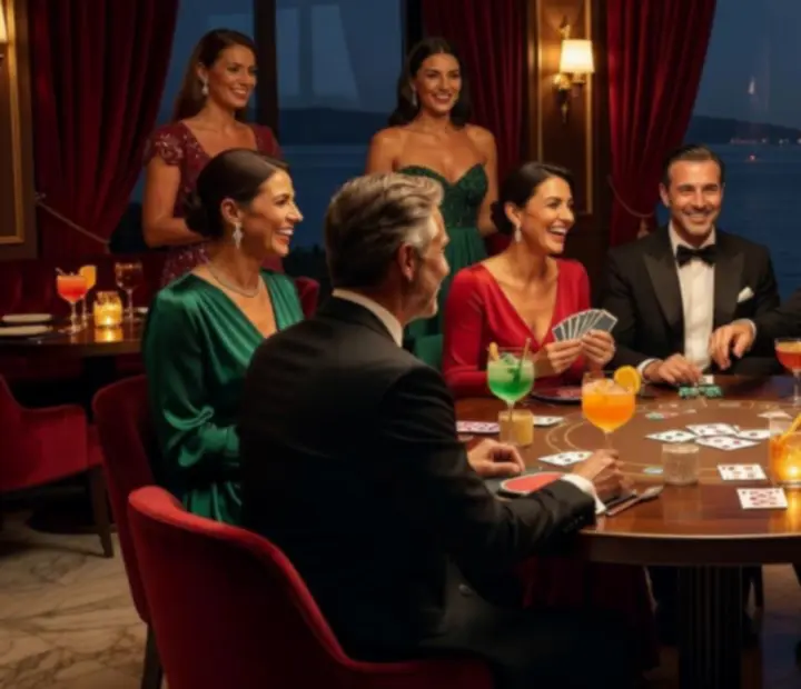 Casino-tematski stol s kartama i žetonima korištenim isključivo za društvenu zabavu u restoranu Croatia Dice