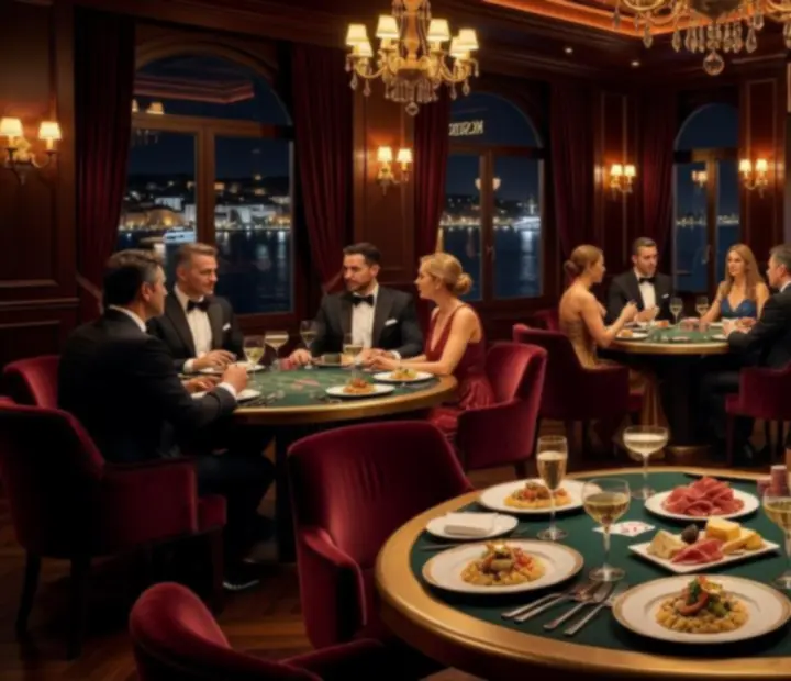 Cinematic noćni prizor casino-tematskog eventa u luksuznom restoranu Croatia Dice