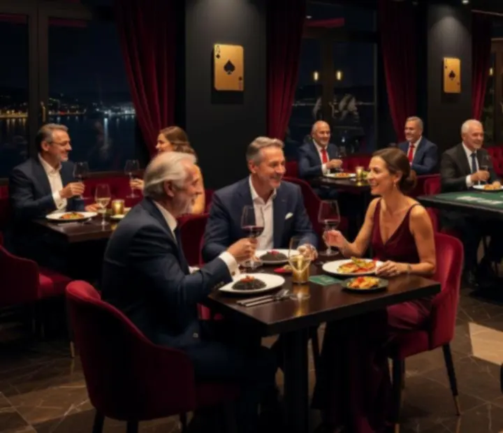 Cinematic interijer Croatia Dice casino restorana u noćnoj atmosferi