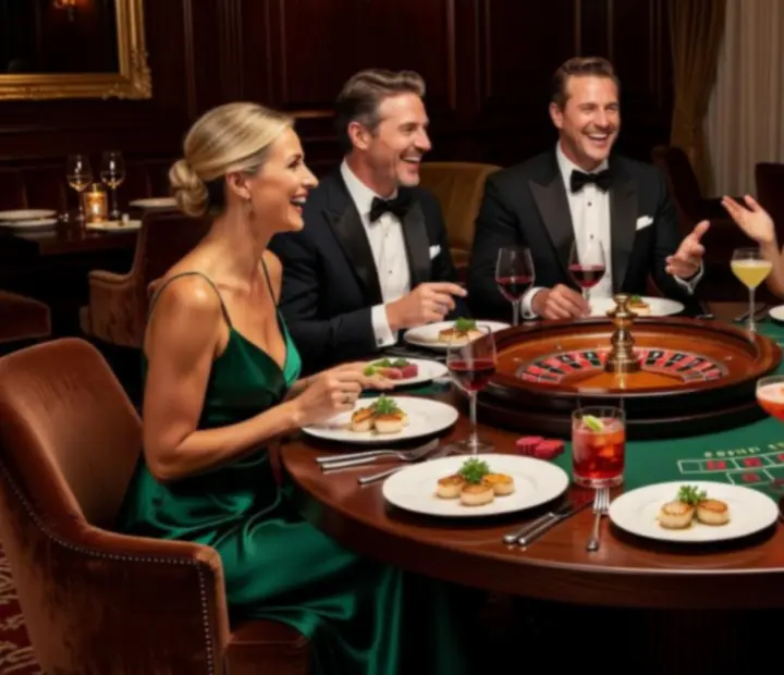 Casino tematska večera u restoranu Croatia Dice s gostima oko stolova za igru u atmosferičnom ambijentu.